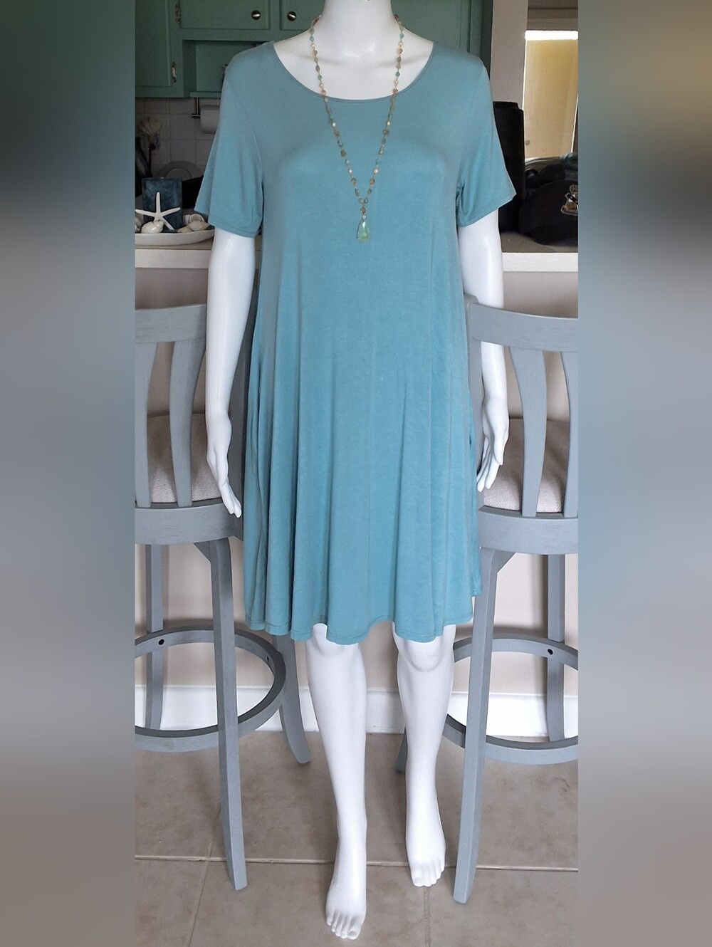 Tres Bien Light Teal Short Sleeve Pocket Swing Jersey Dress - Size S - NWOT